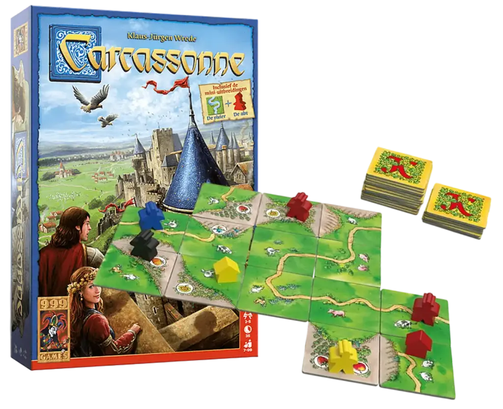 Pudełko gry planszowej Carcassonne z wizerunkiem średniowiecznego miasta i pól.