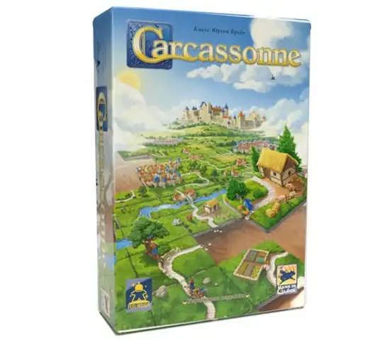 Pudełko gry planszowej Carcassonne z wizerunkiem średniowiecznego miasta.