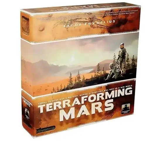 Pudełko gry planszowej Transform Mars z obrazkiem powierzchni Marsa.